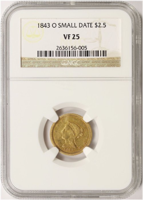 Liberty Gold Quarter Eagle - 1843-O Small Date VF25
