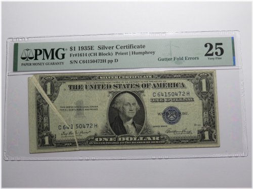 1935 Silver Certificate Gutter Fold Error $1 Blue Seal Bank Note - VF25 PMG