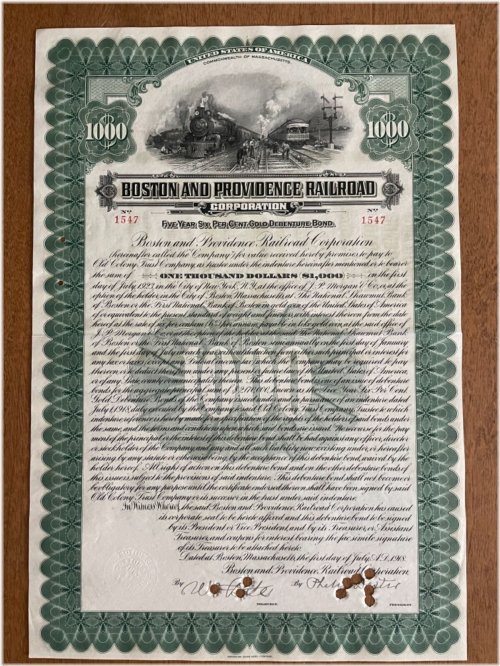 Boston & Providence Railroad Company 1918 Bond Stock Certificate