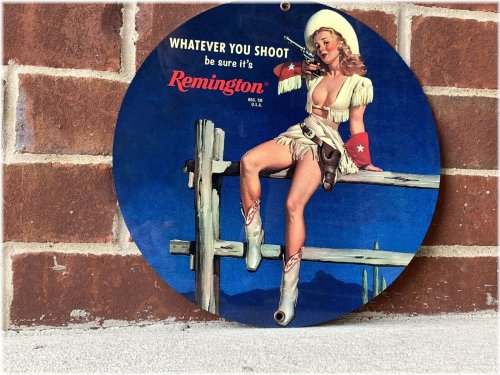 Remington Vintage Pinup Round Sign - Classic Americana with Gun Theme