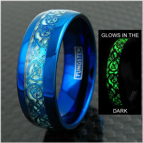 Blue Dragon Tungsten Ring with Glow-in-the-Dark Celtic Design