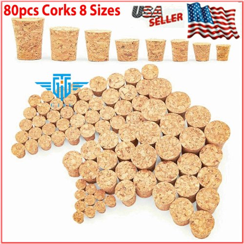 Assorted Cork Stoppers Set for Jars and Bottles - 80 Tapered Plugs in 8 Sizes