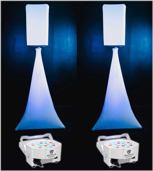 Event-ready DJ Speaker Set with White Covers, Scrims, Stands and Lights