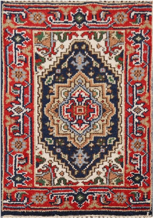 Navy Blue and Rust Hand-Knotted Geometric Rug