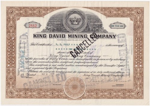 Utah King David Mining Company Stock Certificate