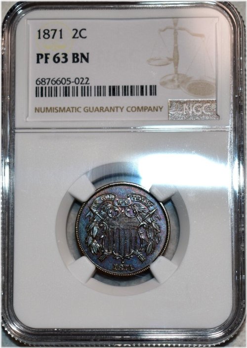 Mirrored Toned 1871 Two Cent Piece