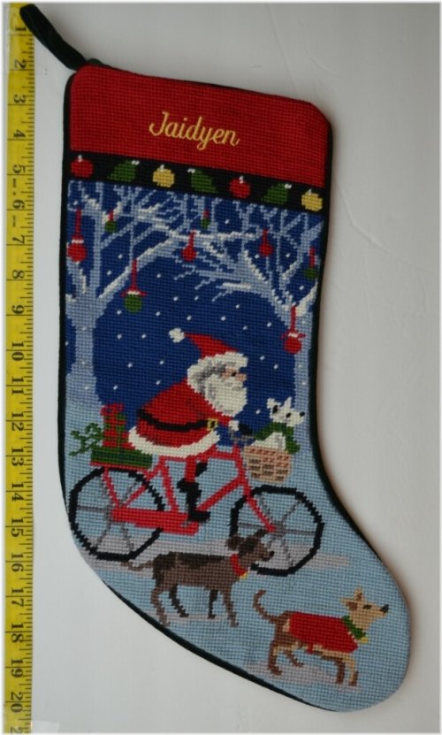 Bicycle Santa Wool Needlepoint Christmas Stocking by Lands End