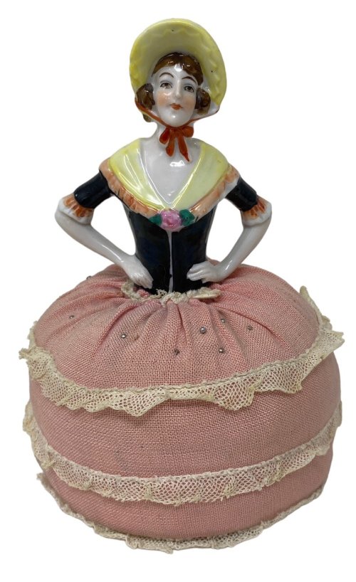 Vintage Porcelain Pin Cushion Doll with Pink Skirt