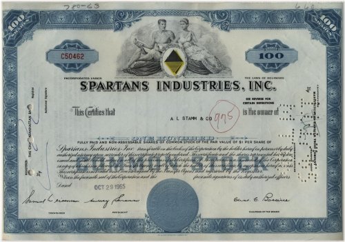 Spartan's Industries, Inc. Blue Stock Certificate