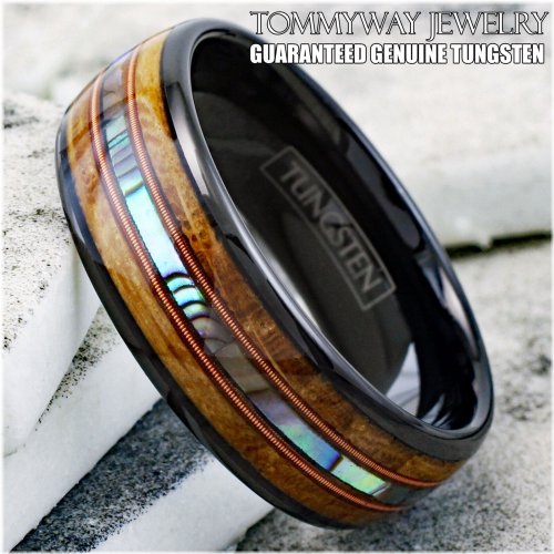 Black Tungsten Whiskey Barrel Wood Abalone & Dual Guitar String Men's Ring