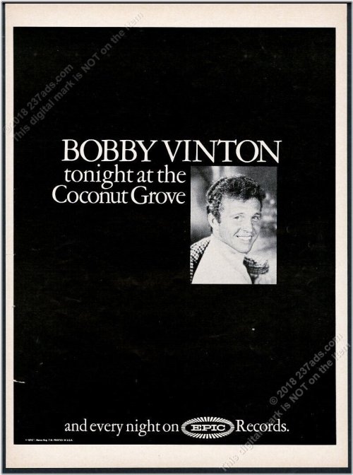 Coconut Grove Nightclub Vintage Trade Ad featuring Bobby Vinton (1967)
