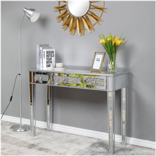 Silver Mirrored Vanity Desk with Three Drawers