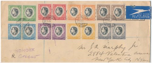 South West Africa Airmail Registered Cover to NY USA 8 Pairs Combo