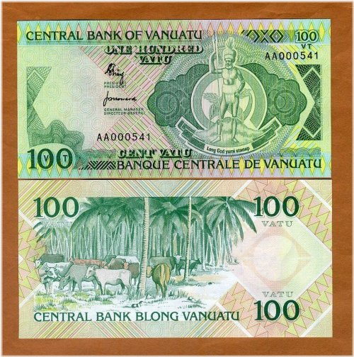 Melanesian Chief 100 Vatu Banknote from Vanuatu (1982) with AA-Prefix and Low Serial Numbers (UNC)