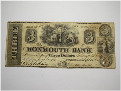 Freehold Monmouth Bank $3 Note (1841)