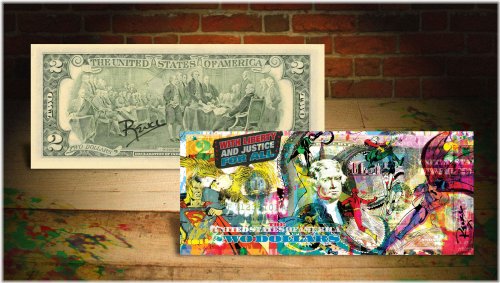 Rency/Banksy Hand-Signed Justice League Art on Genuine U.S $2 Bill