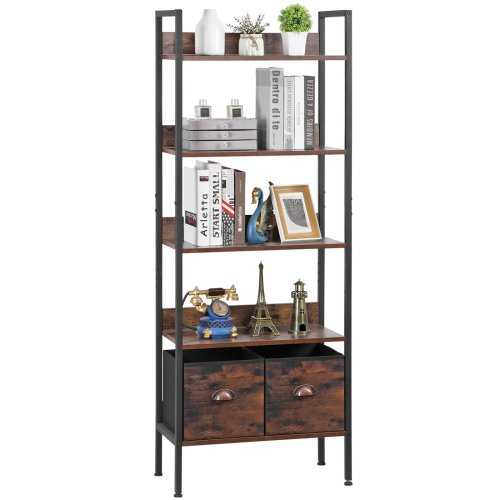 Rustic Brown Metal Bookshelf with Storage Drawers