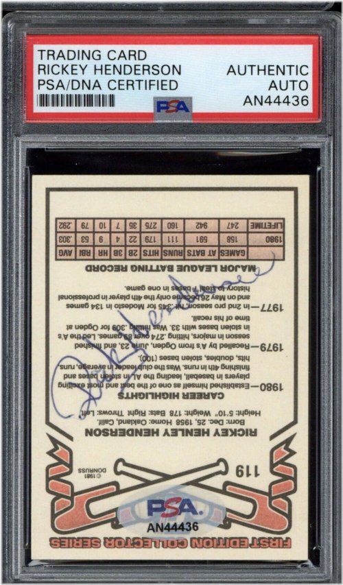 Rickey Henderson 1981 Donruss #119 Autographed Trading Card