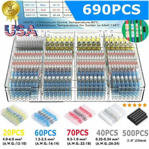 690-Pack Waterproof Wire Connectors with Solder Sleeve and Heat Shrink Technology