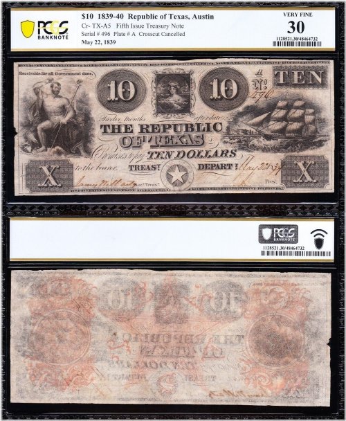 Texan Republic Currency - 1839 PCGS 30