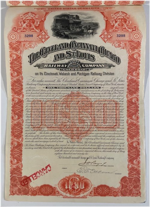 Cleveland Cincinnati Chicago & St Louis Railway Bond Certificate (1891)