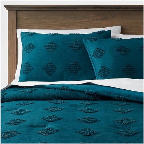 Dark Teal Blue Tufted Diamond Crinkle Comforter & Sham Set