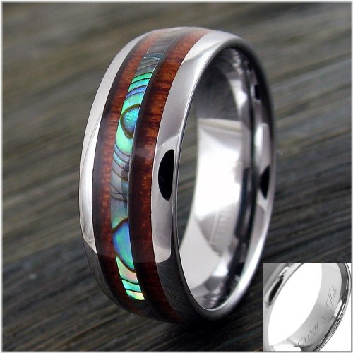 Koa & Abalone Tungsten Men's Ring with Engraving Option