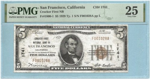 Crocker 1st NB $5 National Currency 1929-T1