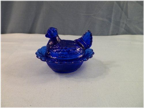 Cobalt Blue Glass Hen Chick on the Nest Salt Cellar Dip