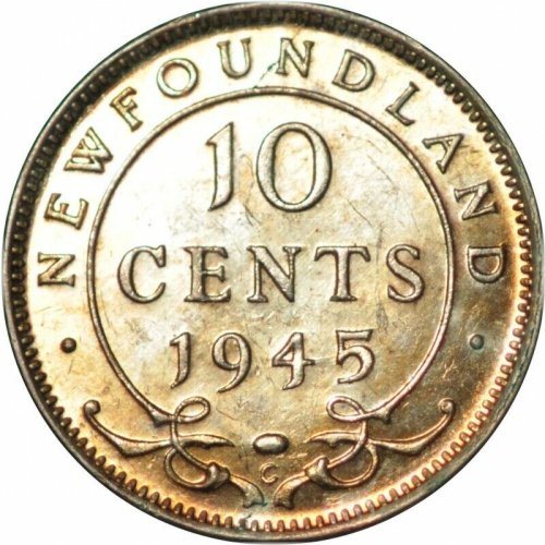 Newfoundland Ten Cent Coin (1945) - Ch/Gem BU with Great Color