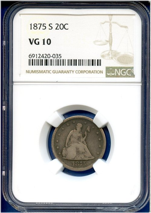 Seated Liberty Silver Twenty Cent Coin - 1875-S NGC VG10