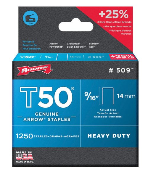 Arrow 509 T50 9/16-Inch Staples, 1,250-Count