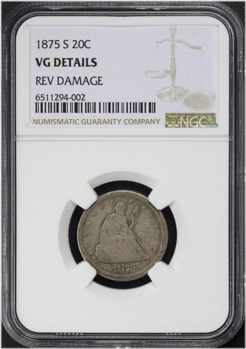 1875-S NGC VG Details Reverse Damage Twenty Cent Piece