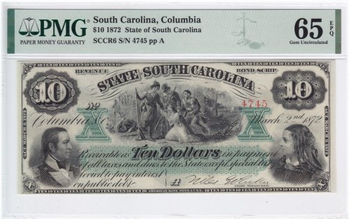 1872 South Carolina $10 Obsolete Note