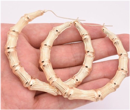 Bamboo Hoop Diamond Cut Earrings in 10K Yellow Gold