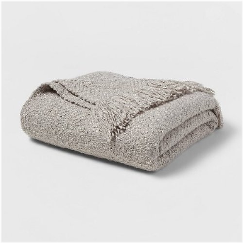 Cozy Gray Fringed Boucle Bed Throw