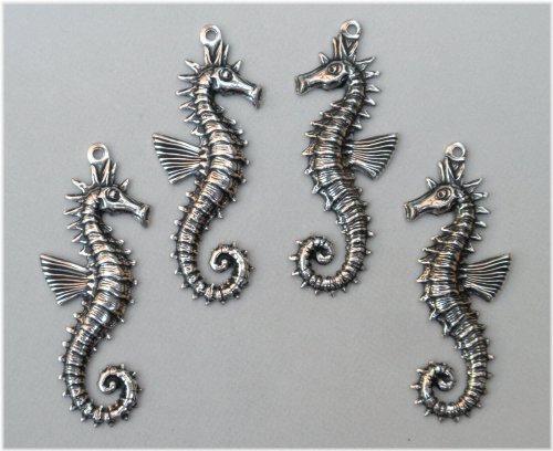 Antiqued Sterling Silver Plated Sea Horse Hang Rings - Set of 4 Pieces (2 Pairs)