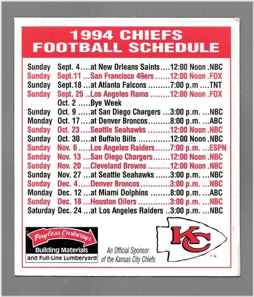 1994 Kansas City Chiefs Magnetic Schedule