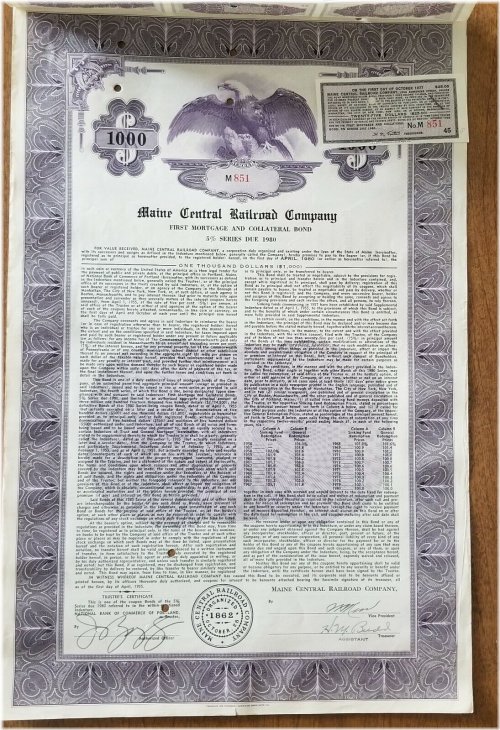 Maine Central Railroad Company 1953 Bond Stock Certificate