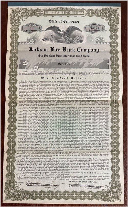 Jackson Fire Brick Company Bond Certificate