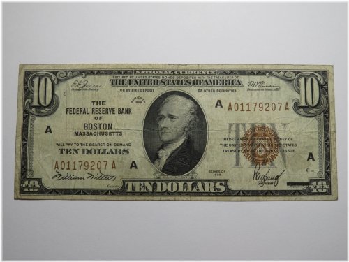 Boston Massachusetts $10 1929 Federal Reserve Bank Note