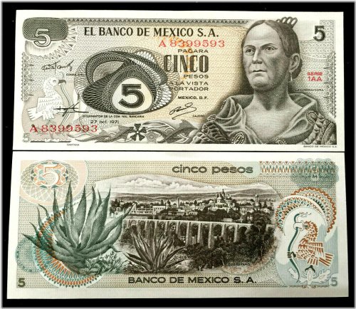 1971 Mexico 5 Pesos Banknote - Uncirculated Condition