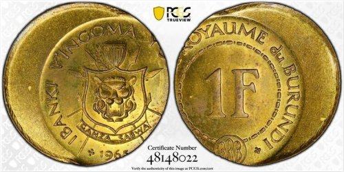 Burundi 1 Franc Mint Error - 1965 PCGS MS63 Off Center Strike