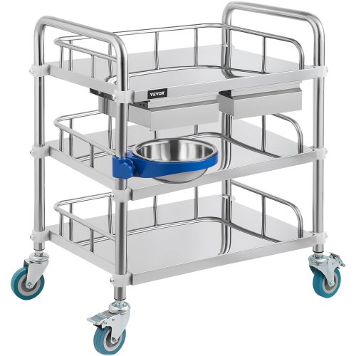 Stainless Steel Lab Cart with Refuse Basin and Drawers