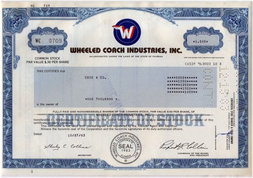 Florida Collins Wheeled Coach Industries Stock Certificate