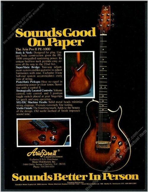 Vintage Print Ad for 1979 Aria Pro II PE-1000 Guitar