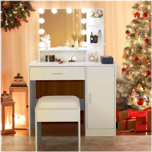 LED-Lighted Dressing Table with Drawers and Oval Mirror