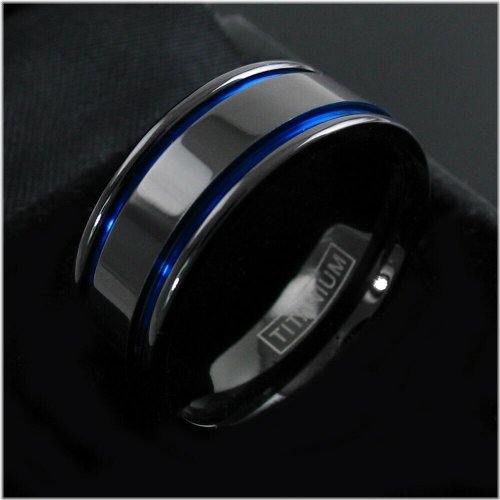 Blue Double Stripe Titanium Men's Ring - Gunmetal Finish (Sizes 5-15)