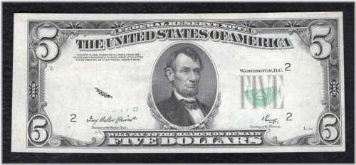 Obstructed Printing Error - $5 Federal Reserve Note