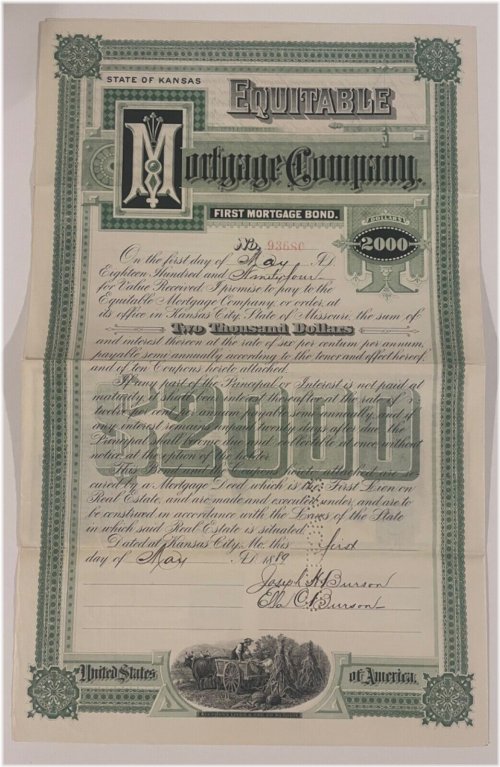 Equitable Mortgage Company Kansas Bond Stock Certificate